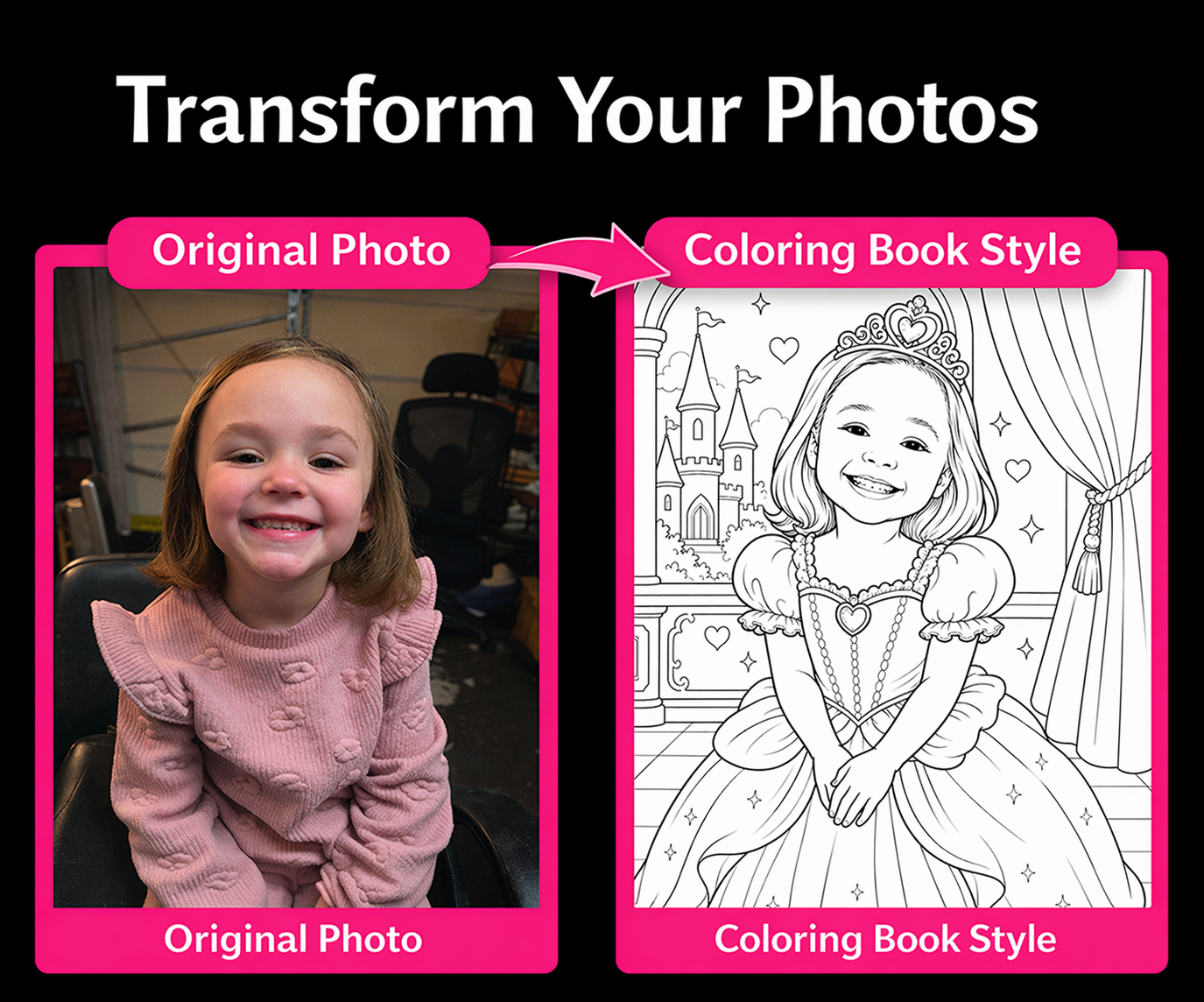 Custom coloring book example - photo transformed into coloring page
