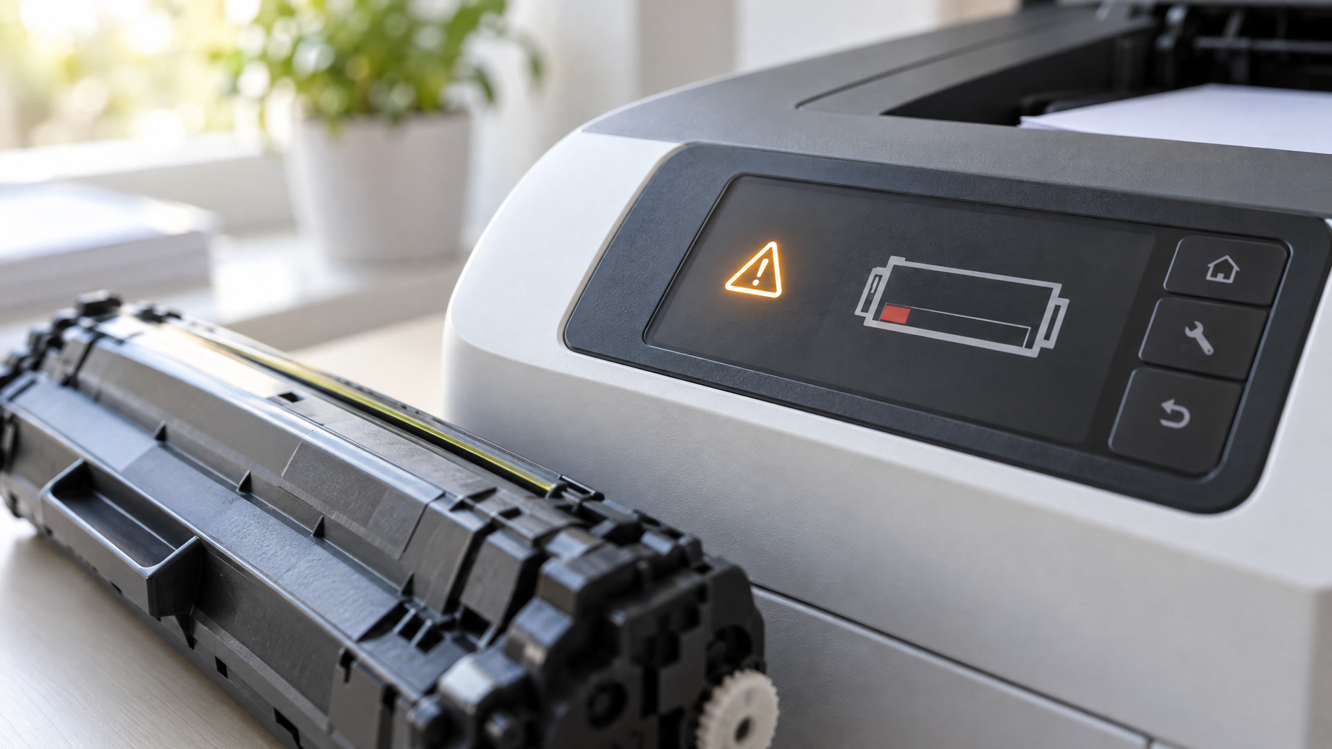 Close-up of a laser printer display showing a low toner warning next to a black toner cartridge on a desk