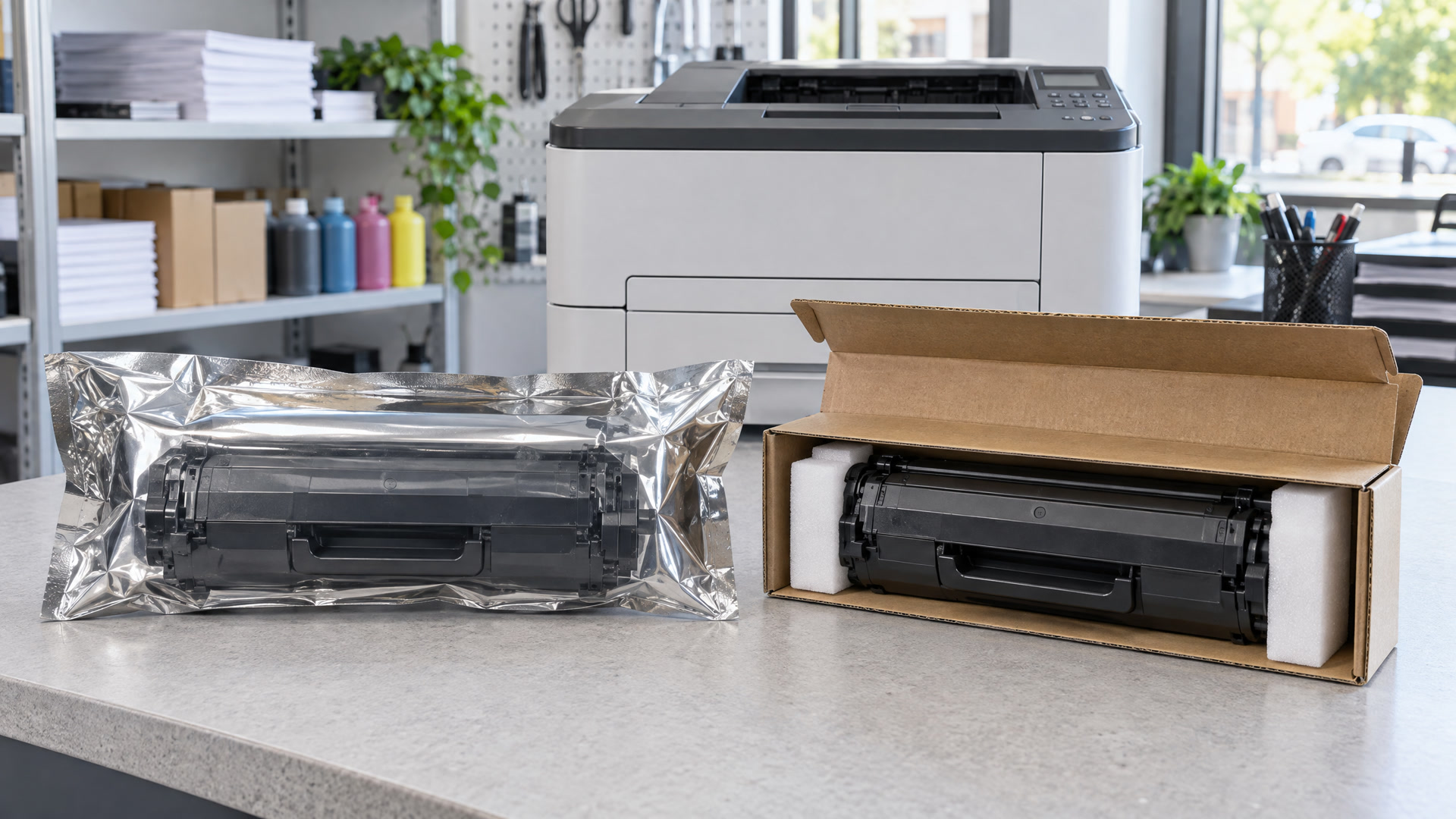Two black toner cartridges on a counter, one sealed in a silver bag and one unpacked in its box, with an office printer behind them