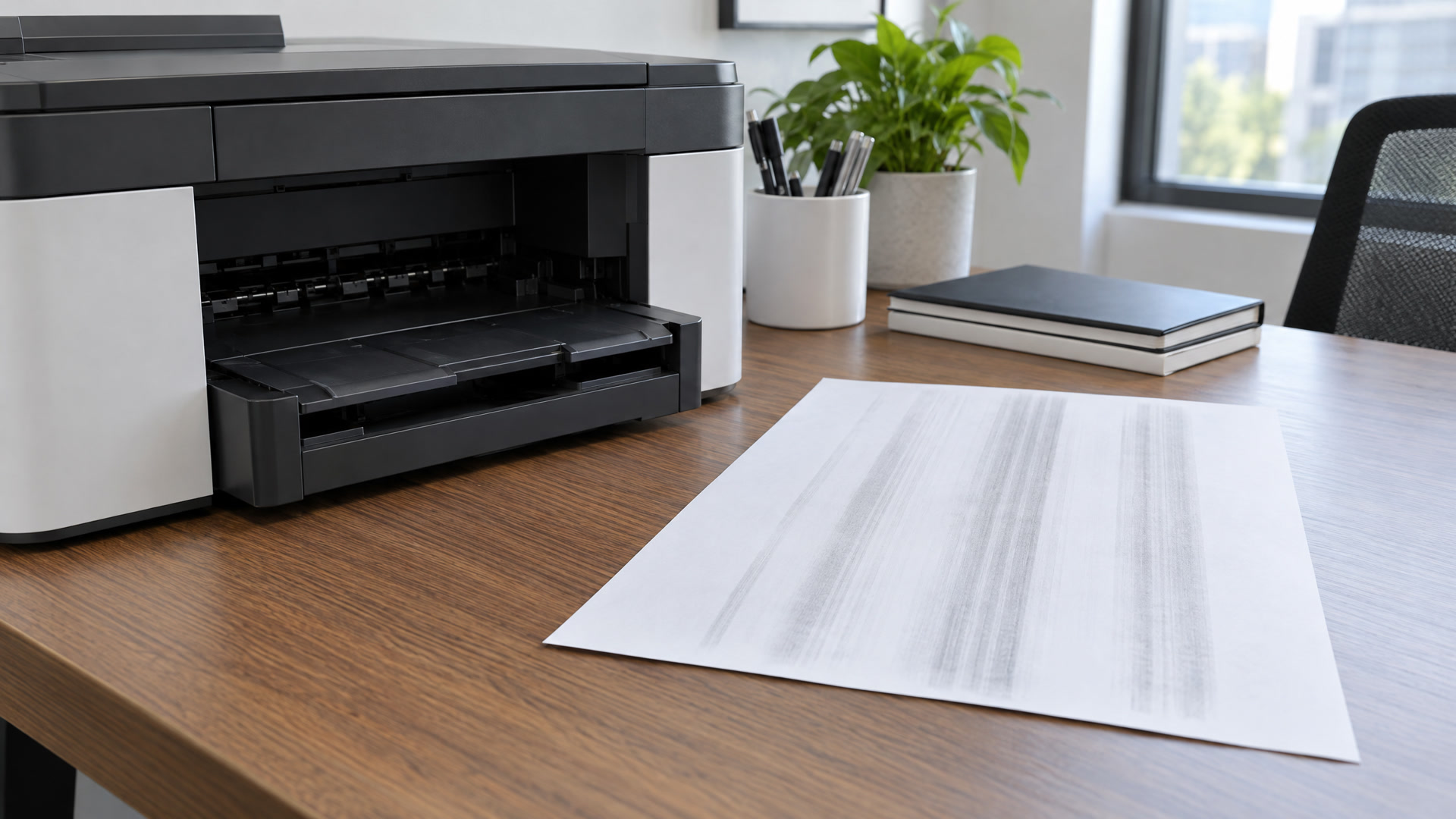 A printed page with light vertical streaks lying next to an office printer